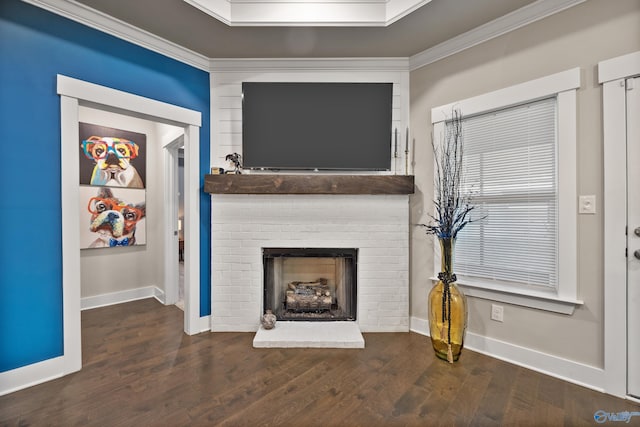 living room with ornamental molding, a fireplace, and dark hardwood / wood-style flooring