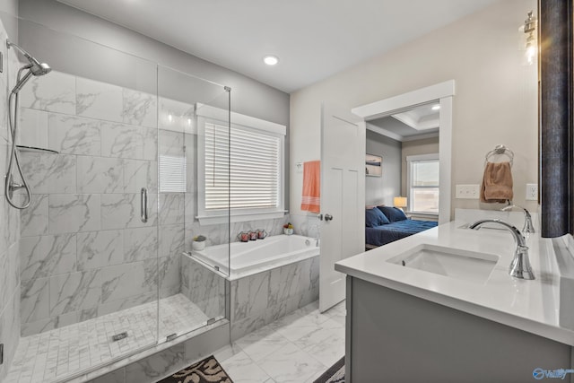 bathroom with vanity, crown molding, and plus walk in shower