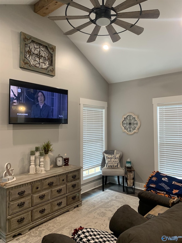 living room with lofted ceiling and ceiling fan