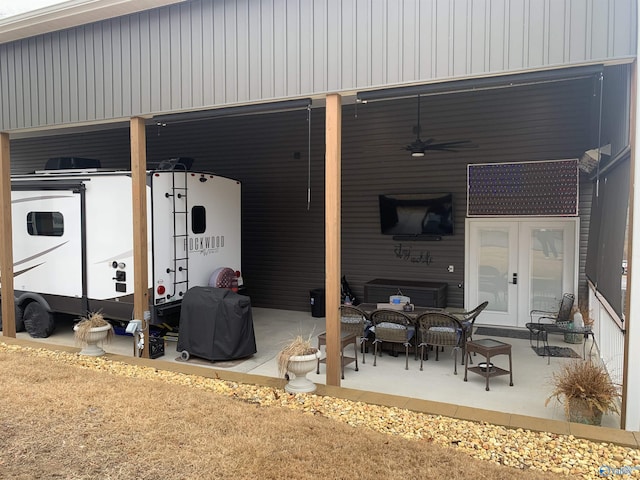 exterior space featuring ceiling fan and french doors