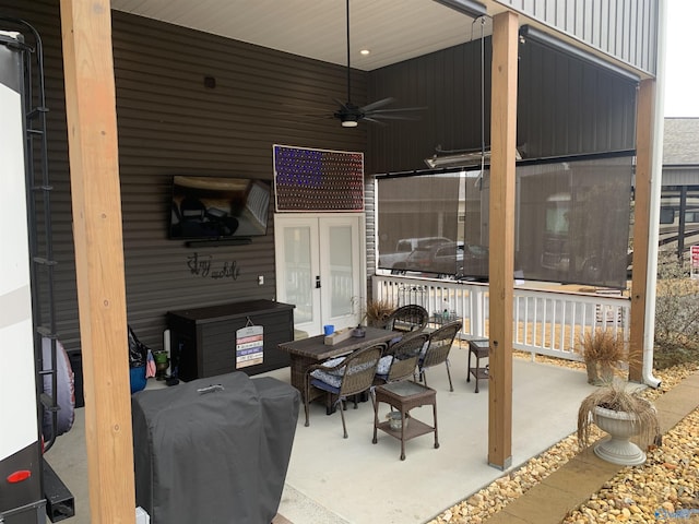 view of patio featuring grilling area, ceiling fan, and french doors