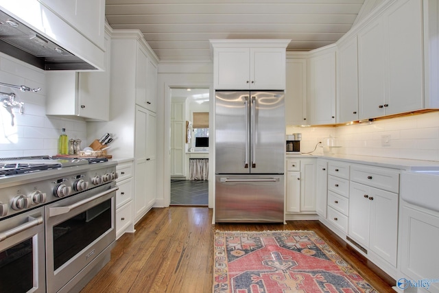 kitchen featuring white cabinetry, dark hardwood / wood-style floors, custom range hood, and high quality appliances