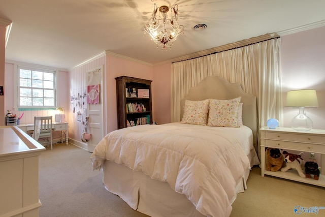 bedroom featuring ornamental molding, light colored carpet, and a notable chandelier