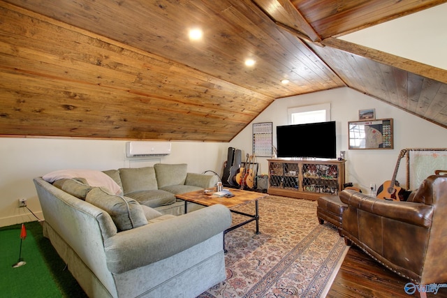 living room featuring lofted ceiling, dark wood-type flooring, a wall mounted AC, and wood ceiling