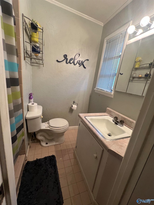 bathroom featuring vanity, crown molding, toilet, a shower with curtain, and tile patterned floors