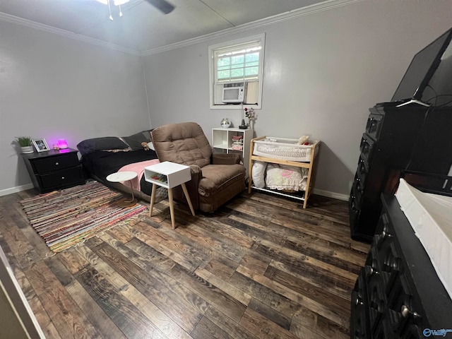 interior space featuring crown molding, ceiling fan, and dark hardwood / wood-style floors