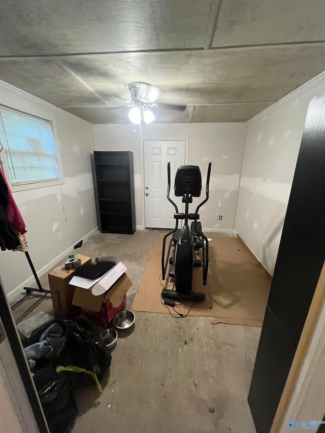 workout area with ceiling fan