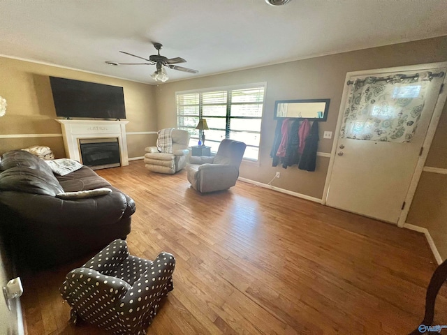 living room featuring ceiling fan and wood-type flooring