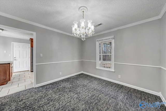 tiled empty room with a textured ceiling, a notable chandelier, and crown molding