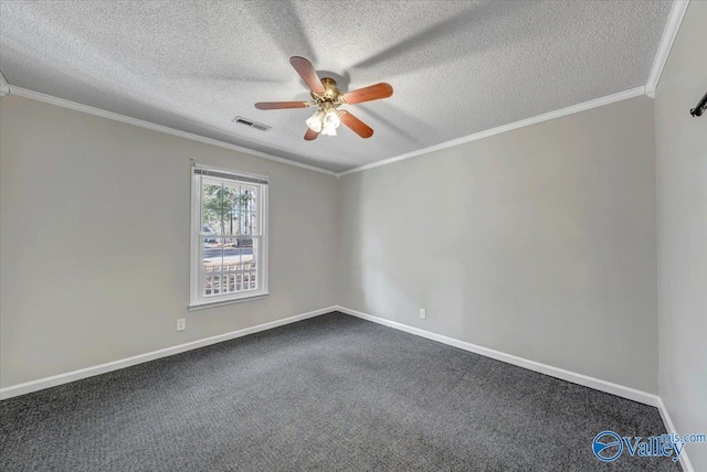 spare room with a textured ceiling, carpet floors, ceiling fan, and crown molding