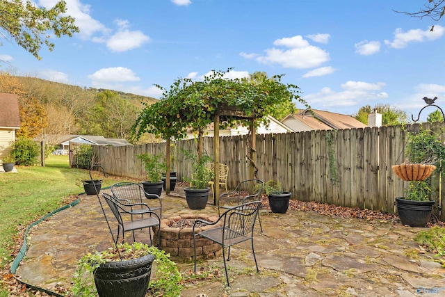 view of patio / terrace with an outdoor fire pit