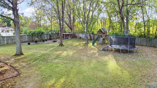 view of yard featuring a playground and a trampoline