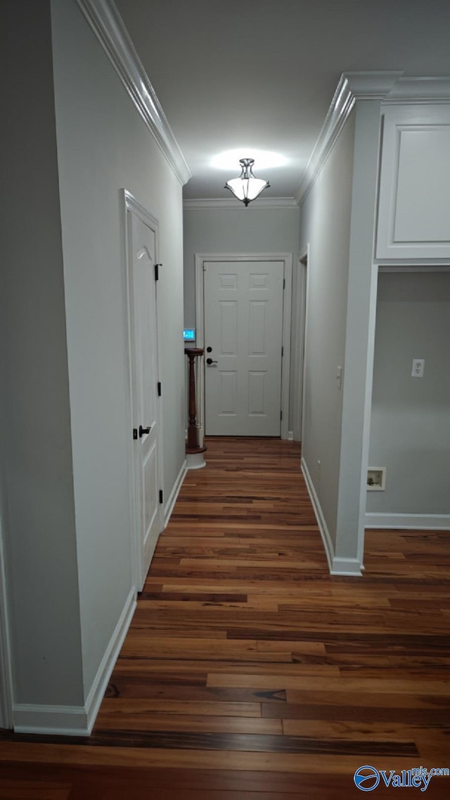 hall with dark hardwood / wood-style flooring and crown molding