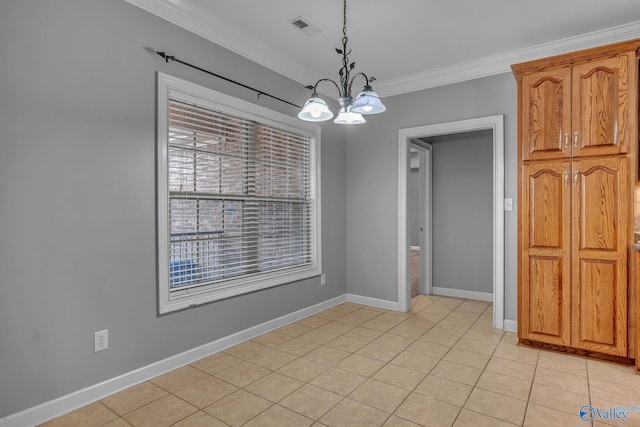 unfurnished dining area with a chandelier, ornamental molding, and light tile patterned flooring