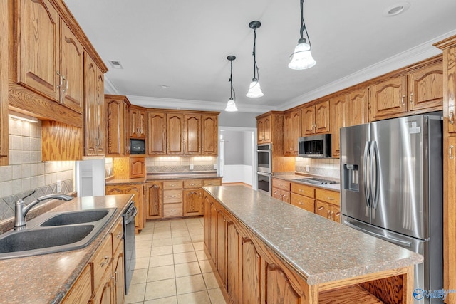 kitchen with sink, a center island, ornamental molding, and black appliances