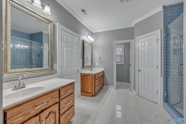 bathroom featuring vanity, crown molding, and walk in shower