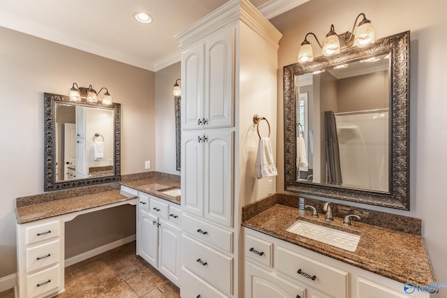 14690 Birchbark St, Athens, AL 35613 - full bath with a sink, a shower with curtain, crown molding, and two vanities