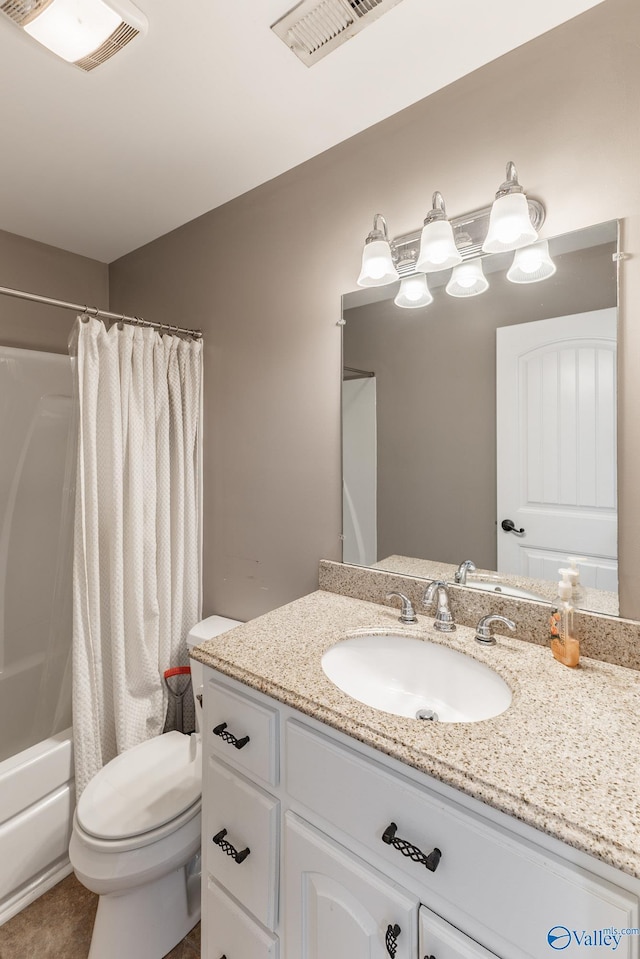 14690 Birchbark St, Athens, AL 35613 - full bathroom with vanity, shower / bathtub combination with curtain, toilet, and visible vents