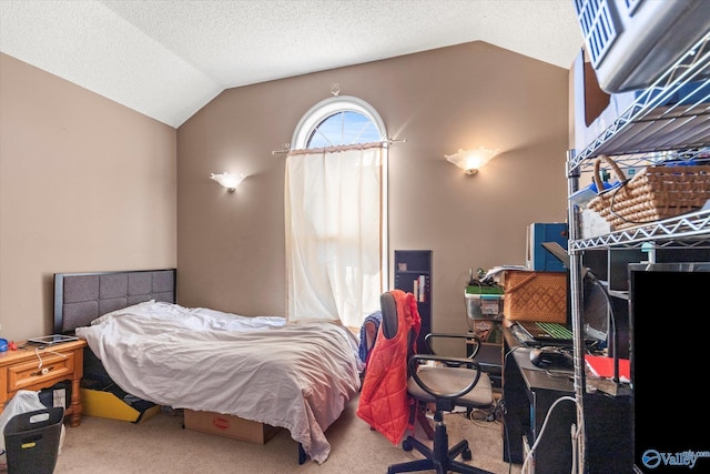 carpeted bedroom featuring lofted ceiling and a textured ceiling