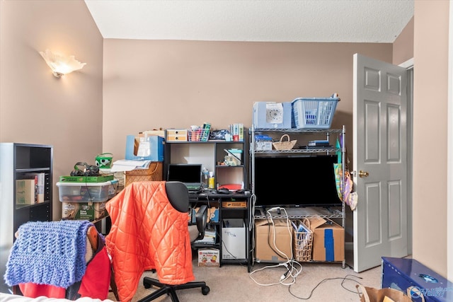 carpeted office space featuring a textured ceiling