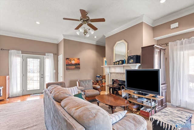 living room featuring crown molding, ceiling fan, and a textured ceiling