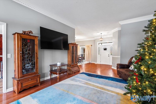 living room with hardwood / wood-style floors, a textured ceiling, and ornamental molding