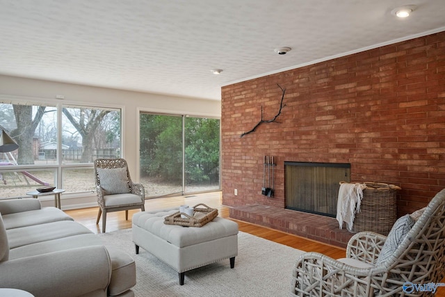 living area with light wood-type flooring, a healthy amount of sunlight, and a fireplace