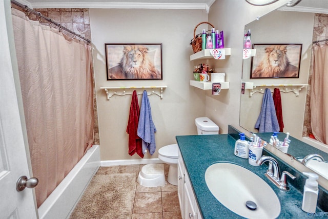 full bathroom with tile patterned floors, toilet, shower / tub combo, crown molding, and vanity