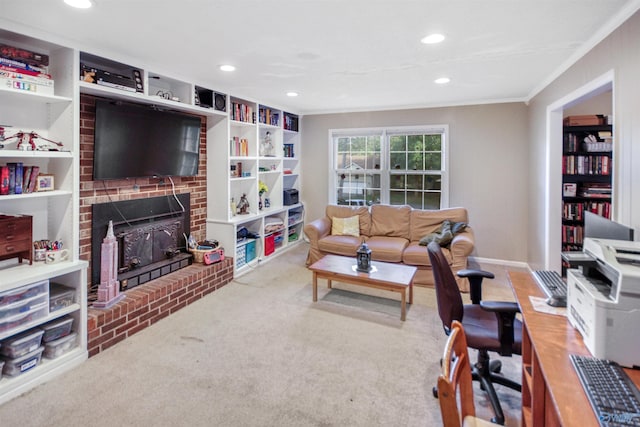 carpeted living room with ornamental molding and a fireplace