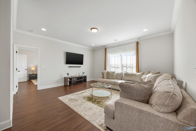 living room featuring ornamental molding and dark hardwood / wood-style flooring