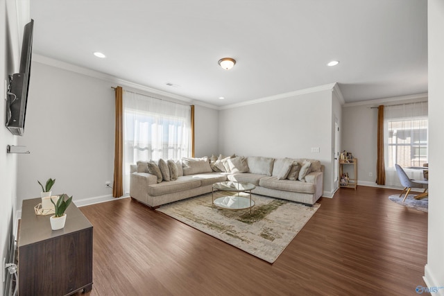 living room with ornamental molding and dark hardwood / wood-style flooring