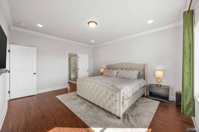 bedroom featuring ornamental molding and dark hardwood / wood-style flooring