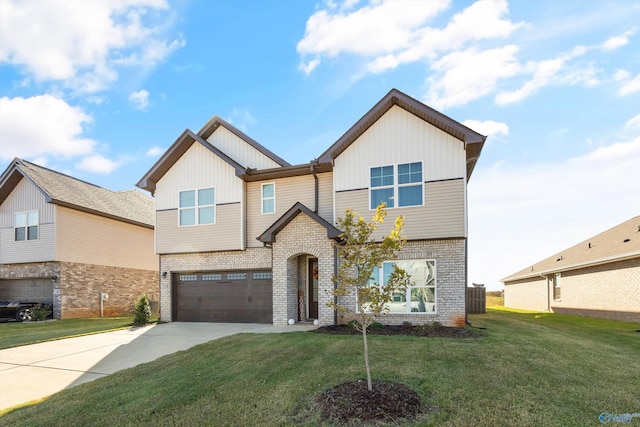 view of front of house with a front lawn, central AC, and a garage