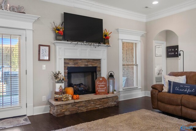 living area featuring ornamental molding, dark wood-type flooring, a fireplace, and baseboards