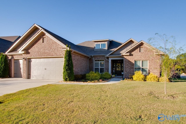 craftsman-style home with an attached garage, driveway, brick siding, and a front yard