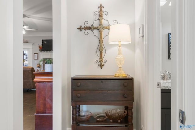 corridor featuring ornamental molding