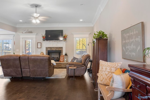 living room featuring crown molding, dark wood-type flooring, a wealth of natural light, and a stone fireplace