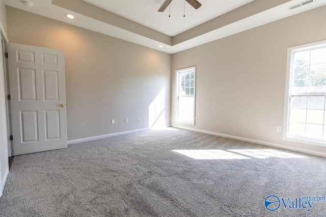 empty room featuring a wealth of natural light, carpet, and ceiling fan