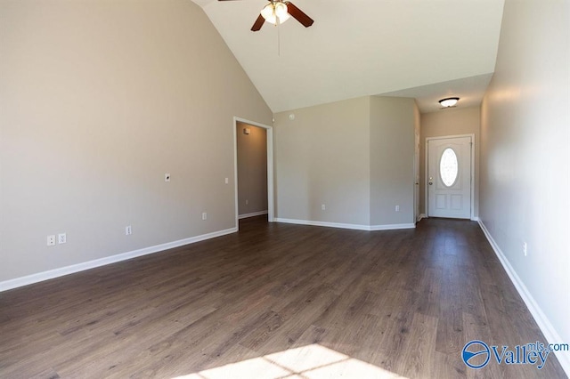 interior space with high vaulted ceiling, ceiling fan, and dark hardwood / wood-style flooring