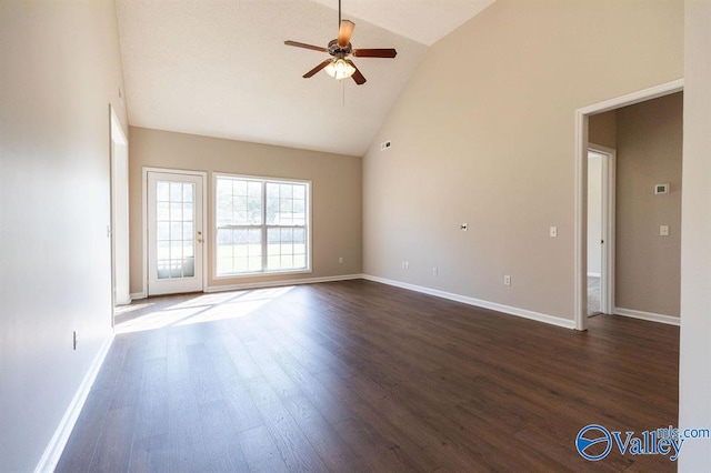 unfurnished room featuring high vaulted ceiling, ceiling fan, and dark hardwood / wood-style flooring