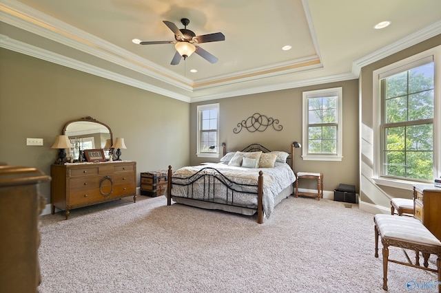 bedroom featuring carpet flooring, baseboards, ornamental molding, and a raised ceiling