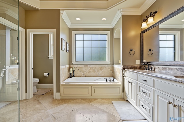 full bathroom with double vanity, a bath, a sink, toilet, and ornamental molding