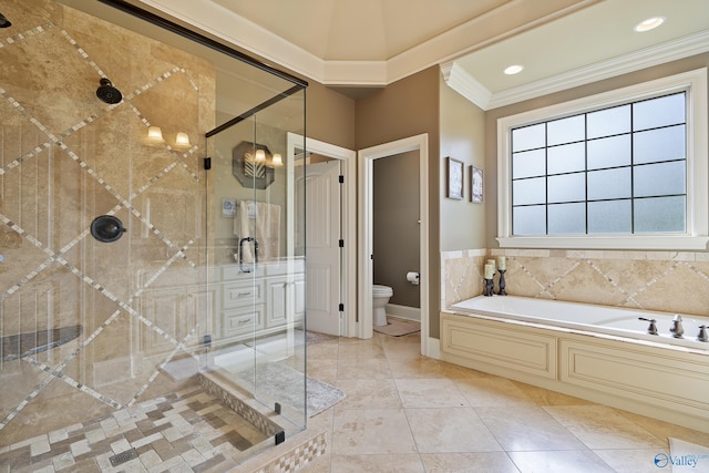 bathroom with a bath, a stall shower, baseboards, toilet, and ornamental molding
