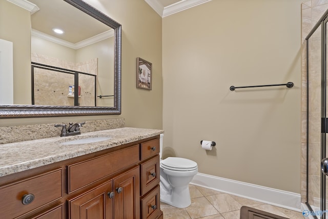 bathroom featuring tile patterned flooring, ornamental molding, vanity, toilet, and a stall shower