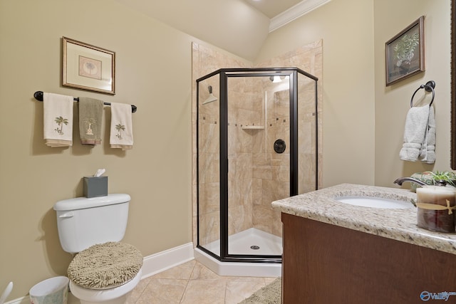 bathroom featuring crown molding, tile patterned flooring, a shower stall, vanity, and baseboards