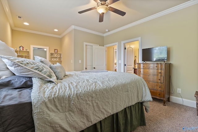 carpeted bedroom with crown molding, ceiling fan, recessed lighting, baseboards, and visible vents