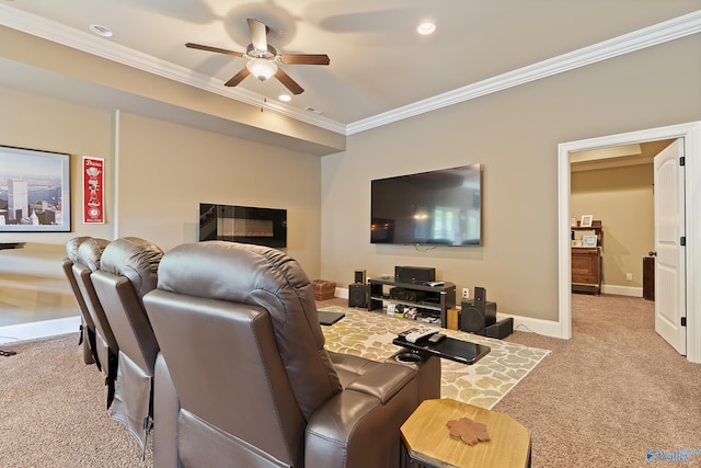 living room with ceiling fan, carpet, recessed lighting, baseboards, and ornamental molding