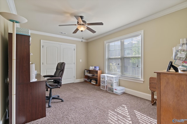 carpeted home office with a ceiling fan, baseboards, visible vents, and ornamental molding