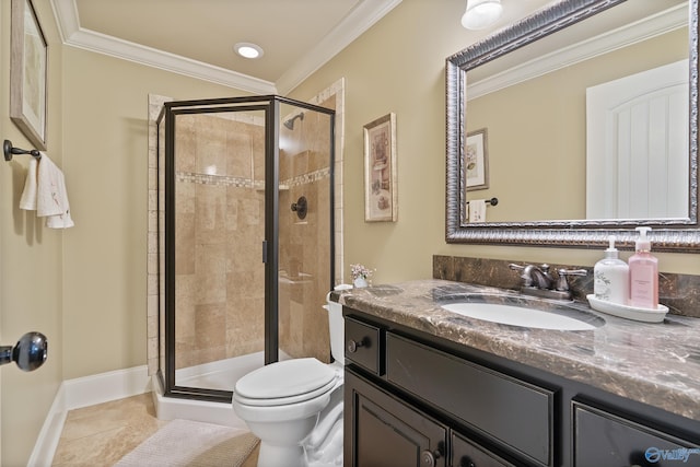 full bathroom with tile patterned flooring, crown molding, vanity, toilet, and a stall shower