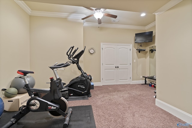 workout area featuring crown molding, a ceiling fan, baseboards, and carpet